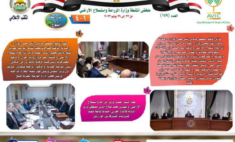 نشرة الحصاد رقم ١٤٩ لأنشطة الوزارة في الفترة من ٢٣ وحتى ٢٩ يونيو الجاري