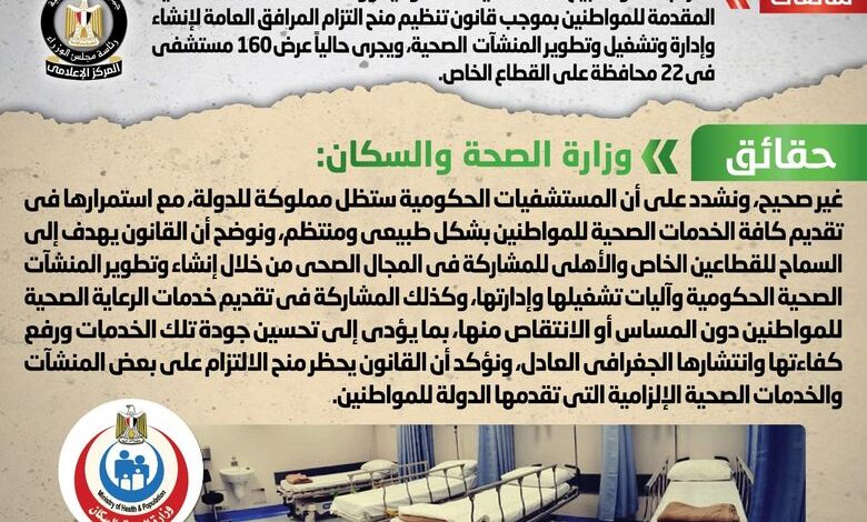 وزارة الصحة تنفى شائعة اعتزام الحكومة بيع المستشفيات الحكومية