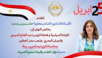 رئيس جامعة مدينة السادات تهنئ الرئيس السيسي والقوات المسلحة بعيد تحرير سيناء