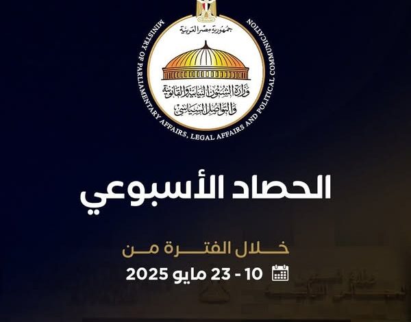 حصاد وزارة الشئون النيابية والقانونية والتواصل السياسي في الفترة من ١٠ مايو حتى ٢٣ مايو ٢٠٢٥