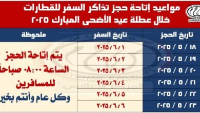 السكة الحديد تعلن مواعيد حجز تذاكر السفر للقطارات خلال عطلة عيد الأضحى