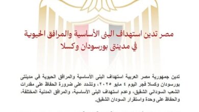مصر تدين استهداف البنى الأساسية والمرافق الحيوية في مدينتى بورسودان وكسلا