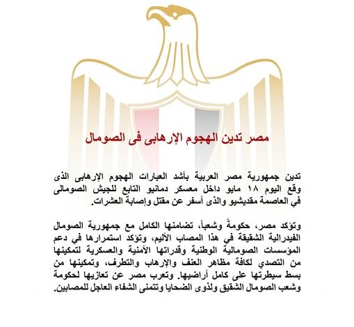مصر تدين الهجوم الإرهابى فى الصومال