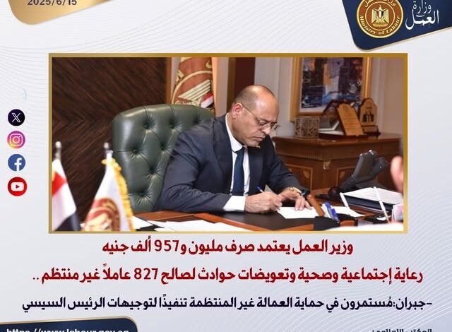 وزير العمل يعتمد صرف مليون و957 ألف جنيه رعاية اجتماعية وصحية وتعويضات حوادث