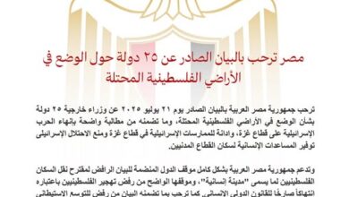مصر ترحب بالبيان الصادر عن ٢٥ دولة حول الوضع في الأراضي الفلسطينية المحتلة