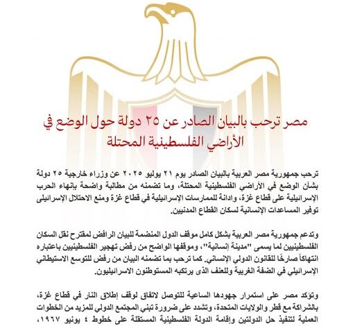 مصر ترحب بالبيان الصادر عن ٢٥ دولة حول الوضع في الأراضي الفلسطينية المحتلة
