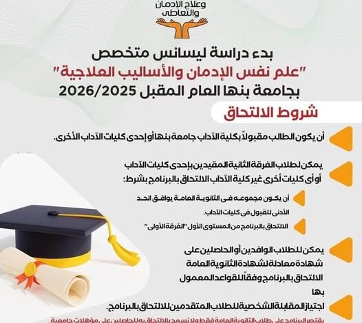 صندوق مكافحة الإدمان يعلن عن شروط التقديم لأول ليسانس متخصص على مستوى الشرق الأوسط لعلم نفس الإدمان