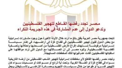 مصر تجدد رفضها القاطع لتهجير الفلسطينيين وتدعو الدول إلى عدم المشاركة في هذه الجريمة النكراء