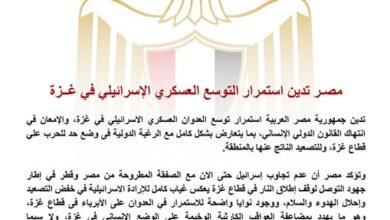 مصر تدين استمرار التوسع العسكري الإسرائيلي في غزة
