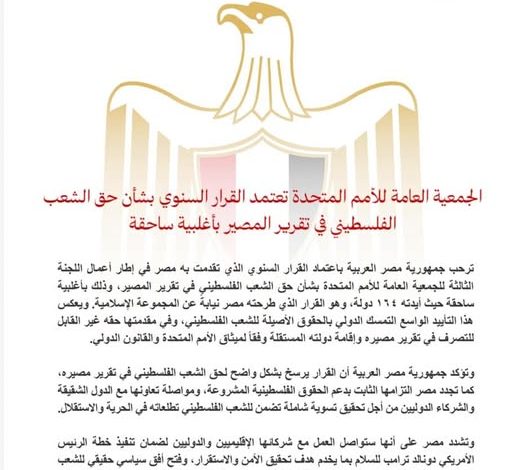 الجمعية العامة للأمم المتحدة تعتمد القرار السنوي بشأن حق الشعب الفلسطيني في تقرير المصير بأغلبية ساحقة