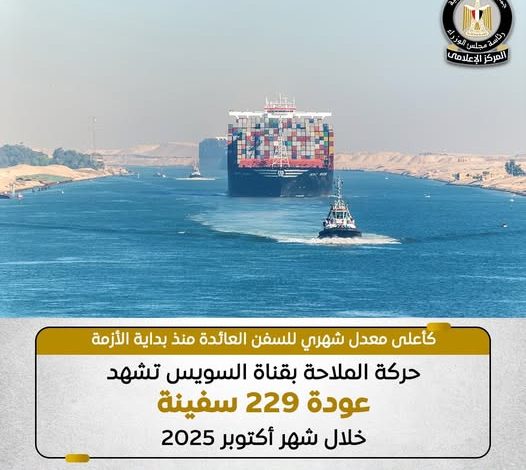 حركة الملاحة بقناة السويس تشهد عودة 229 سفينة خلال شهر أكتوبر 2025
