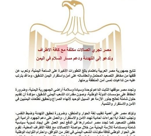 مصر تجري اتصالات مكثفة مع كافة الأطراف وتدعو إلى التهدئة ودعم مسار السلام في اليمن