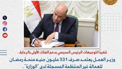 وزير العمل يعتمد صرف 331 مليون جنيه منحة رمضان للعمالة غير المنتظمة المسجلة لدى "الوزارة"