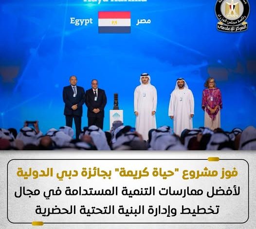 فوز مشروع "حياة كريمة" بجائزة دبي الدولية لأفضل ممارسات التنمية المستدامة بواسطة/ محمد علي فاز المشروع القومي لتطوير قرى الريف المصري "حياة كريمة"، بجائزة دبي الدولية لأفضل ممارسات التنمية المستدامة في مجال تخطيط وإدارة البنية التحتية الحضرية، وذلك على هامش القمة العالمية للحكومات المُنعقدة في دبي خلال الفترة من 3 إلى 5 فبراير 2026 تحت شعار "استشراف حكومات المستقبل"، وتسلم الجائزة استشاري المشروع شركة "دار الهندسة مصر". ووجه الدكتور مصطفى مدبولي، رئيس مجلس الوزراء، التهنئة إلى فخامة رئيس الجمهورية، بهذا التكريم المُميز، باعتباره الداعم الأول لهذه المُبادرة التنموية غير المسبوقة، الذي وجه بالتخطيط لها، ويتابع تنفيذها، مُؤمنًا بقدرة الدولة المصرية على تحقيق مُستهدفات المبادرة، واستحقاق أبناء مصر لعوائدها في تحسين مستوى الخدمات المُقدمة لهم، سعياً لزيادة جودة الحياة، تأكيدًا على كون المواطن على رأس الأولويات. فوز مشروع حياة كريمة بجائزة دبي الدولية لأفضل ممارسات التنمية المستدامة