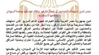 مصر تدين استهداف المدنيين في شمال دارفور وتؤكد تمسكها بوحدة السودان ودعمها لاستقراره