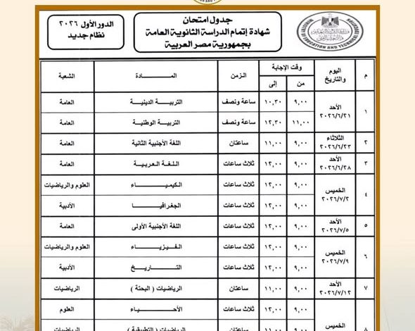 وزير التربية والتعليم يعتمد جدول امتحانات شهادة إتمام الثانوية العامة للدور الأول 2026
