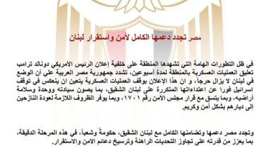 مصر تجدد دعمها الكامل لأمن واستقرار لبنان