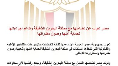 مصر تعرب عن تضامنها مع مملكة البحرين الشقيقة وتدعم إجراءاتها لحماية أمنها وصون مقدراتها