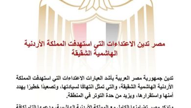 مصر تدين الاعتداءات التي استهدفت المملكة الأردنية الهاشمية الشقيقة