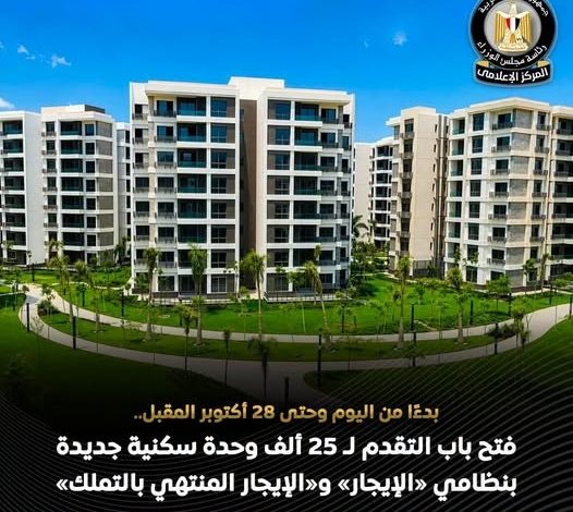 بدءاً من اليوم.. فتح باب التقدم لـ 25 ألف وحدة سكنية بنظام الإيجار التمليكي بالمحافظات والمدن الجديدة