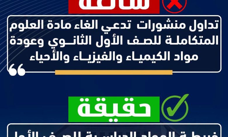 توضيح هام من وزارة التربية والتعليم حول منشورات متداولة تدعي الغاء مادة العلوم المتكاملة